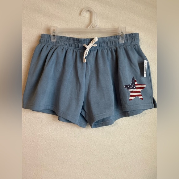 Goodie Two Sleeves Women's Athletic Shorts - Blue with American flag star -XL - Picture 1 of 5